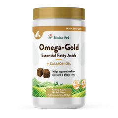NaturVet Omega-Gold Plus Salmon Oil bottle pour shows easy daily use for skin and coat support