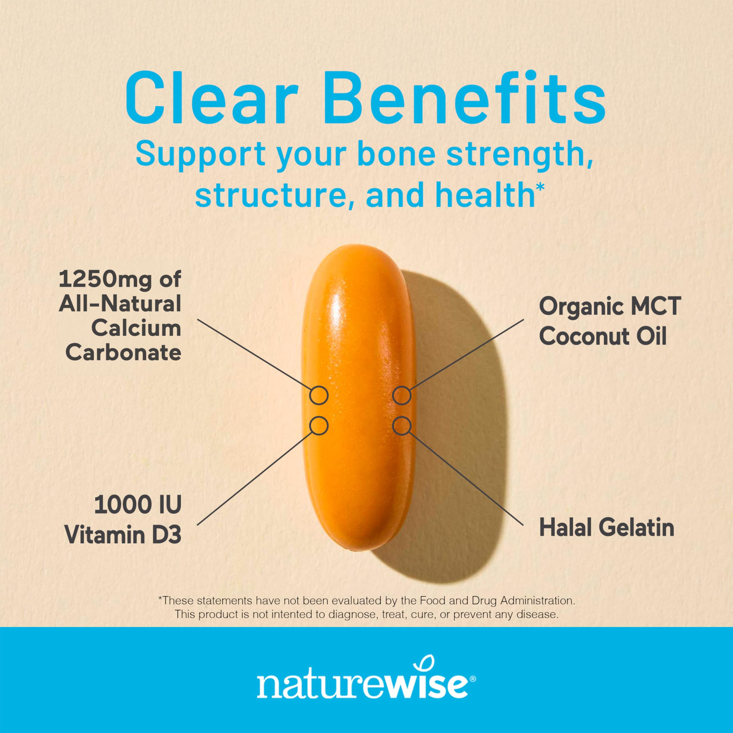 NatureWise Calcium + D3 softgels ingredient panel shows non-GMO and halal gelatin.
