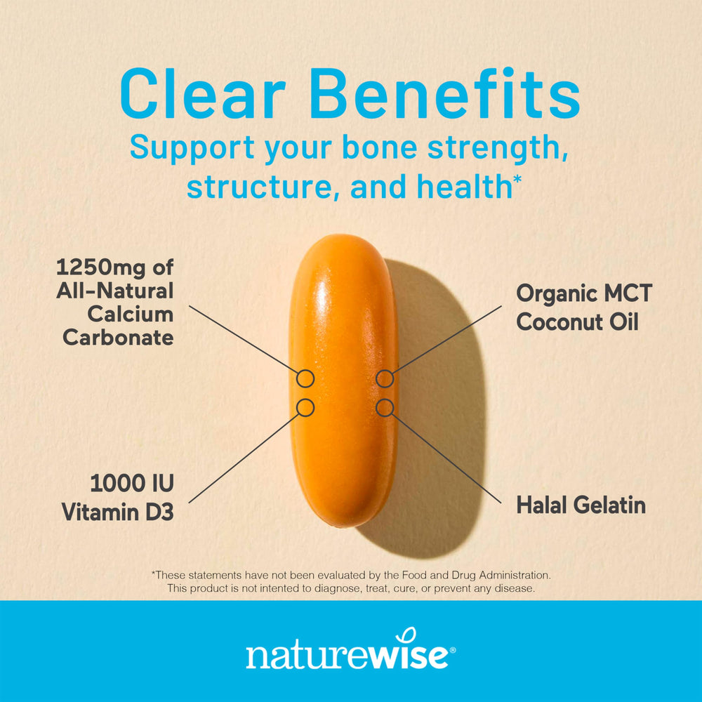 NatureWise Calcium + D3 softgels ingredient panel shows non-GMO and halal gelatin.
