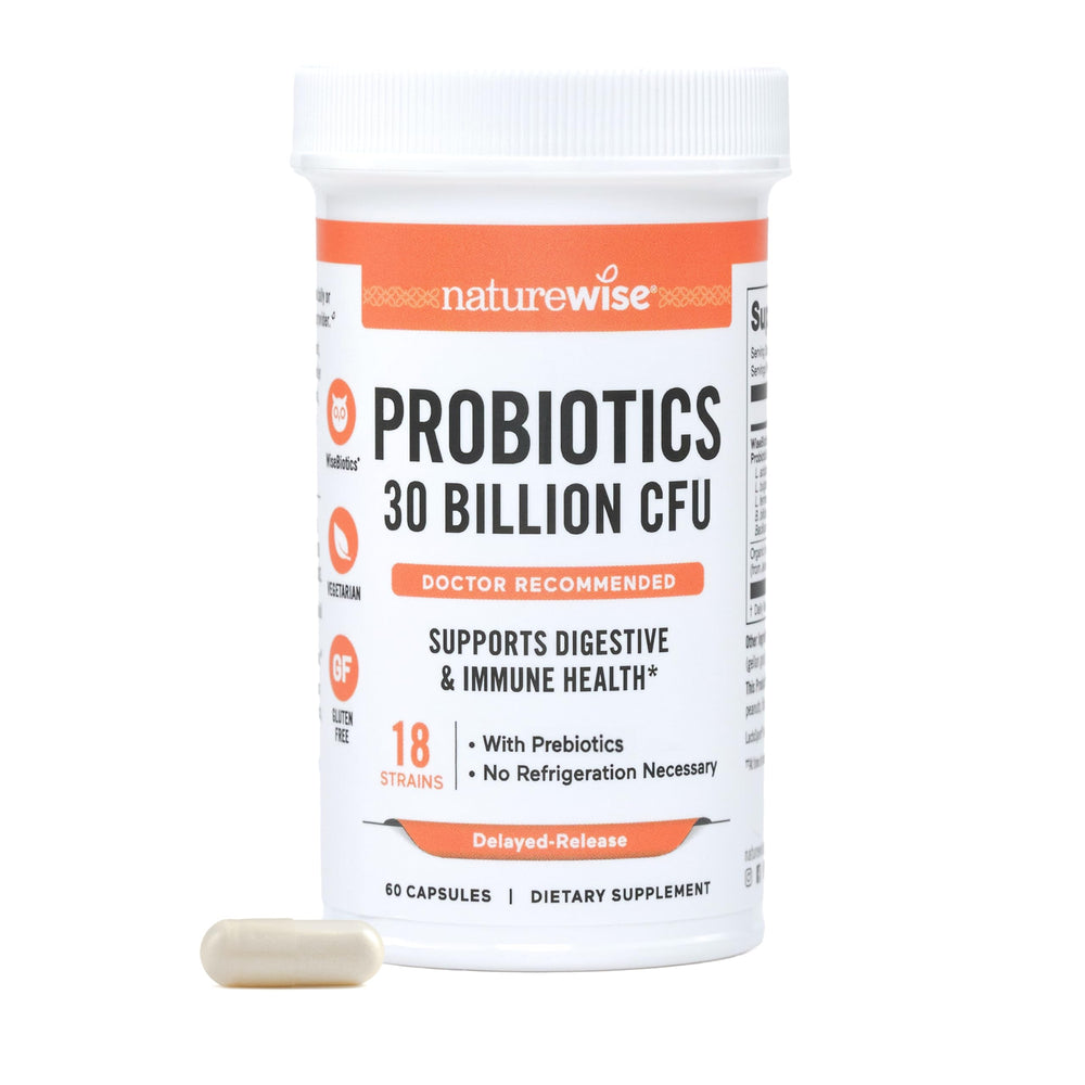 NatureWise Max Probiotics bottle on a shelf supports daily gut balance