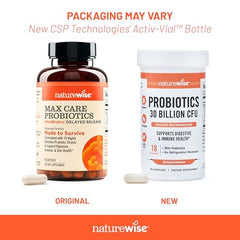 Close-up of NatureWise Max Probiotics capsules showing multi‑strain formula