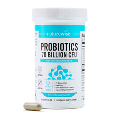 NatureWise Probiotics bottle front view showing 70 billion CFU potency for digestive support