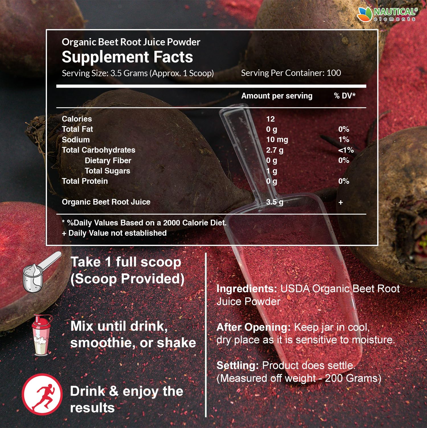 Nautical Elements Beet Powder Pour into glass highlights easy mixing for smoothies