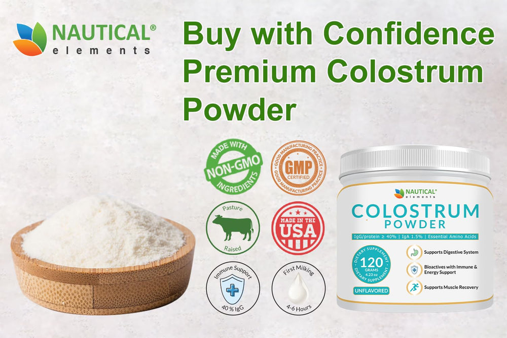 Nautical Elements Colostrum Powder IgG over 40% highlight for rich bioactive potential.