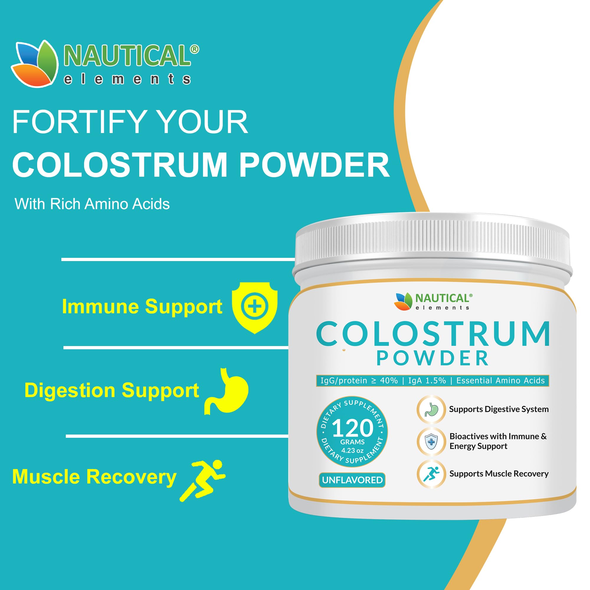 Nautical Elements Colostrum Powder lactoferrin and oligosaccharides detected in formula.