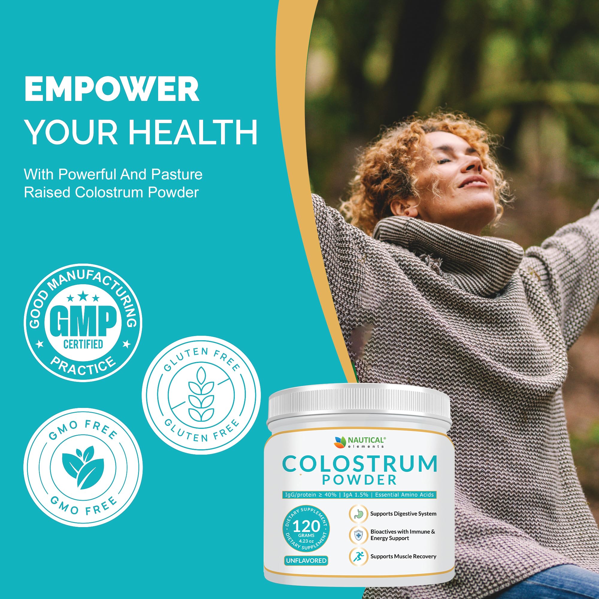 Nautical Elements Colostrum Powder packaging 120g for convenient daily use.