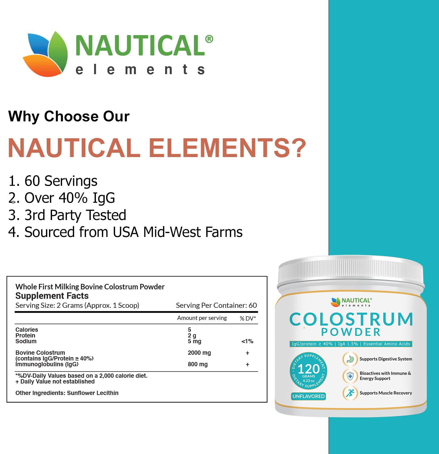 Nautical Elements Colostrum Powder pasture-raised cows image emphasizes humane sourcing.