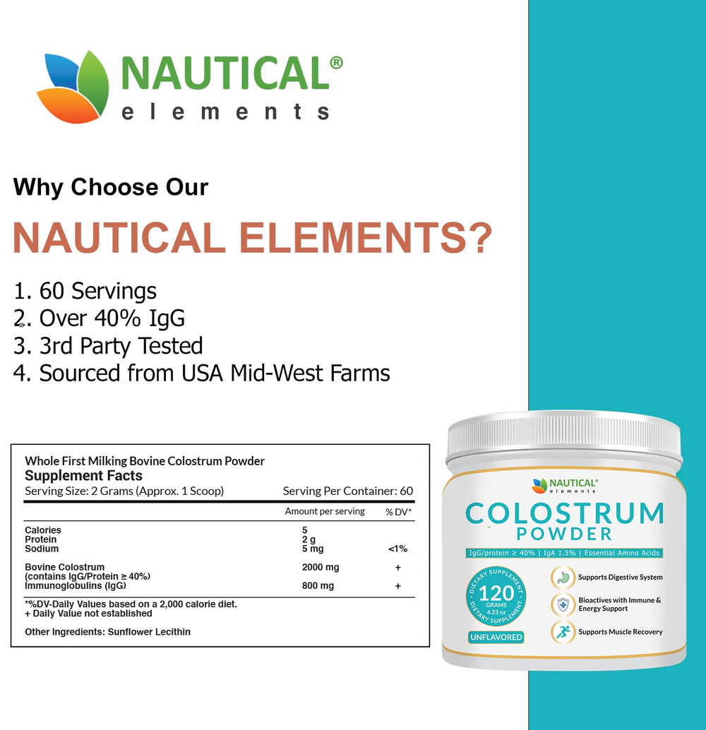 Nautical Elements Colostrum Powder pasture-raised cows image emphasizes humane sourcing.