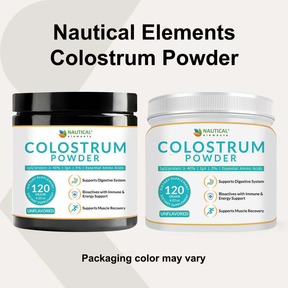 Nautical Elements Colostrum Powder third-party testing seal signals quality assurance.