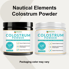 Nautical Elements Colostrum Powder third-party testing seal signals quality assurance.