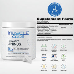 Close-up of NAUTILUS Muscle Code capsules emphasizing precise essential amino acids for synthesis.