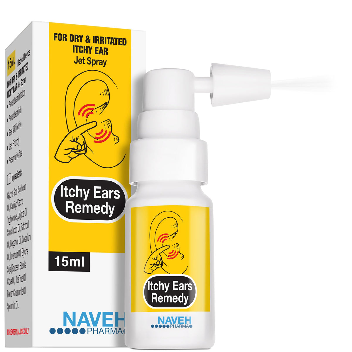 NAVEH PHARMA Itchy Ears Remedy bottle close-up showing safe ear care benefits.