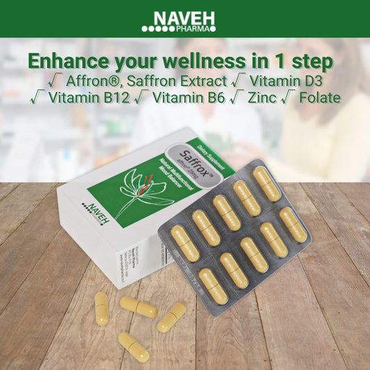 NAVEH PHARMA Saffrox capsules close-up for daily mood support.