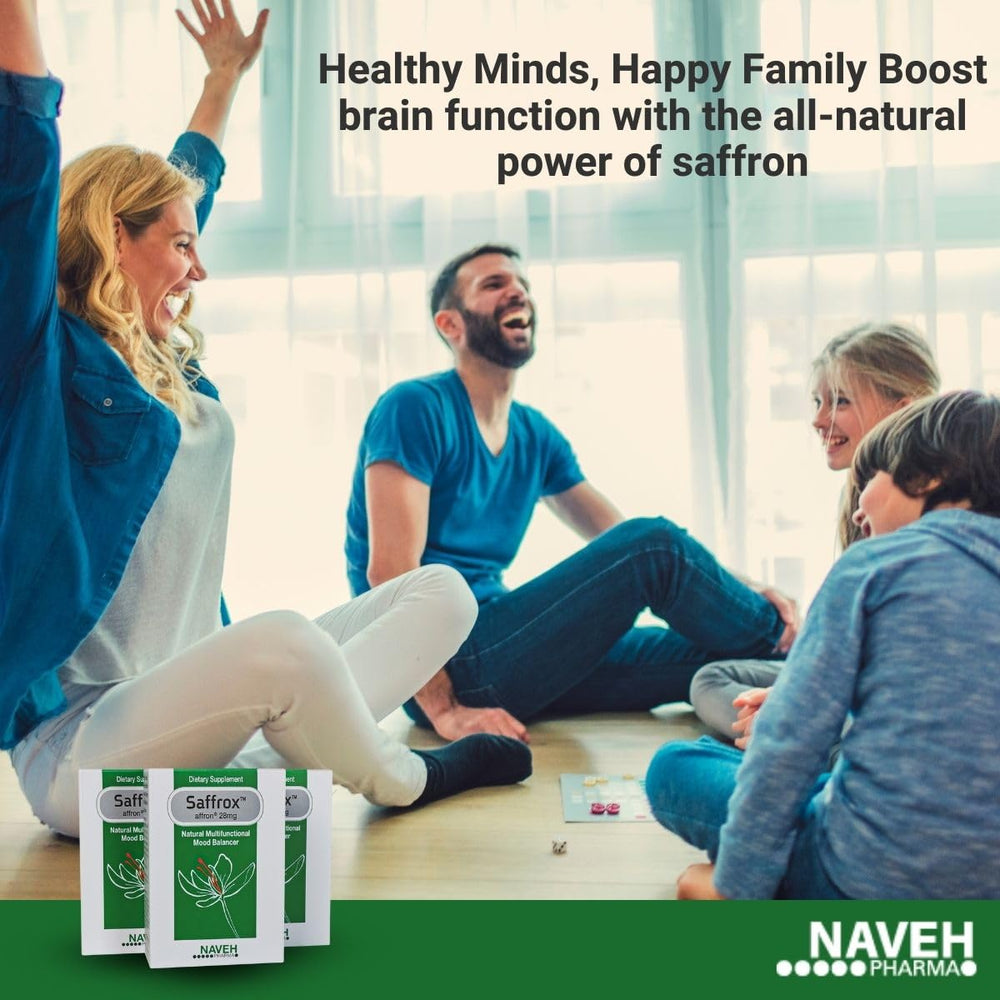 NAVEH PHARMA Saffrox on a morning vanity shelf setup.