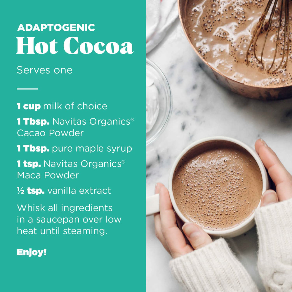 Navitas Organics Maca Powder closeup gelatinized; optimized absorption for mixes.