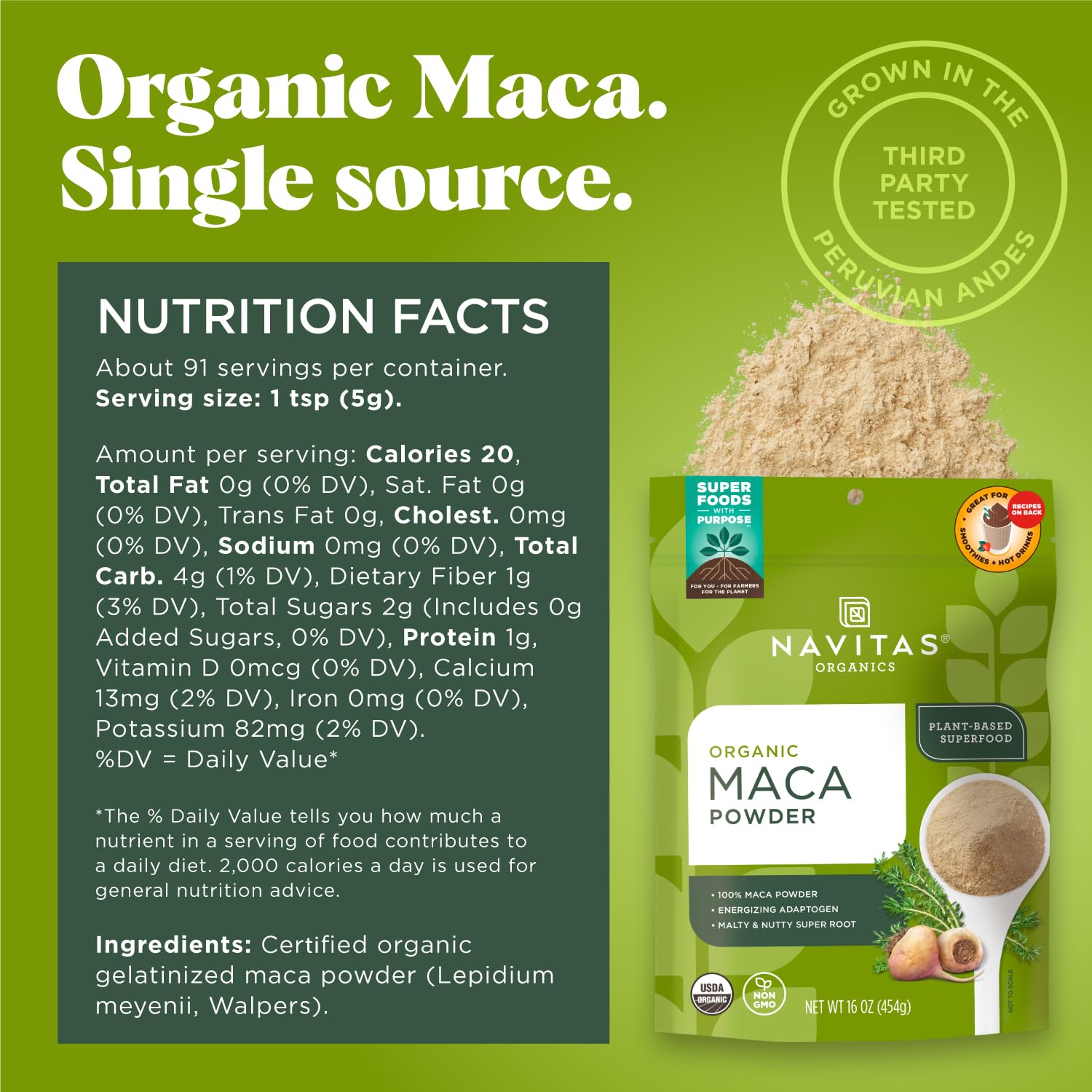 Navitas Organics Maca Powder scoop; easy measurement for daily routines.