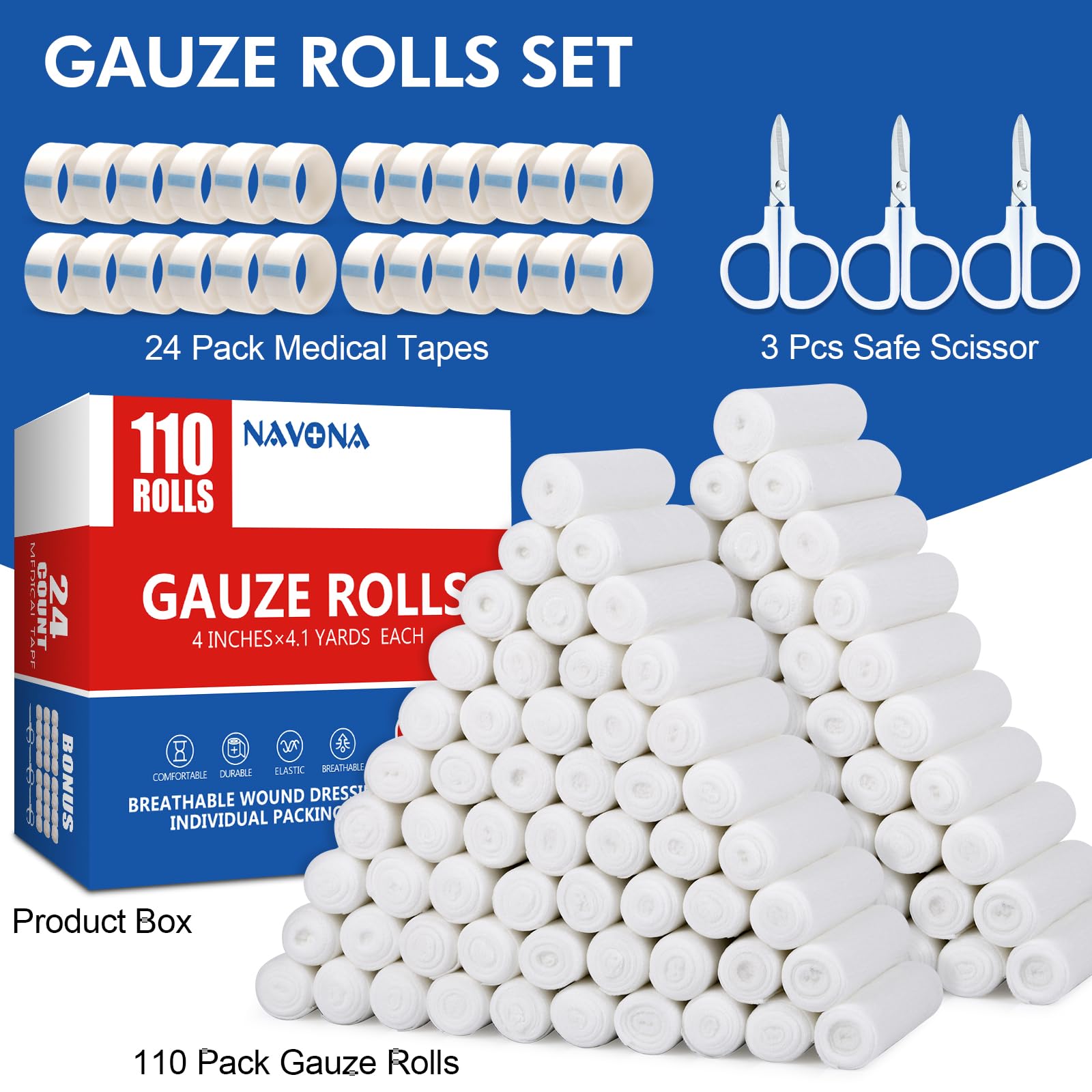 Navona breathable gauze rolls are non-stick and lint-free for clean dressing changes.
