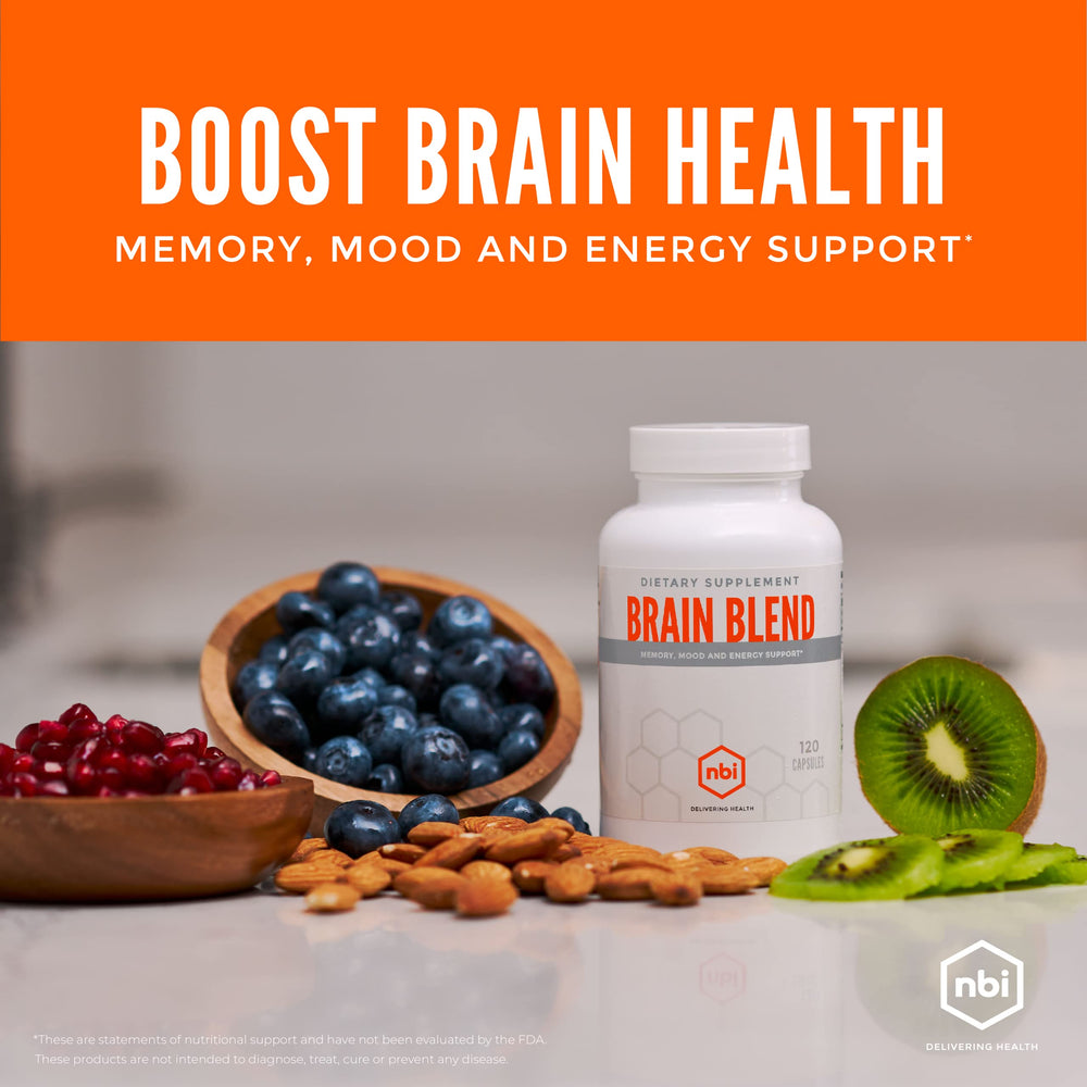 NBI Brain Blend bottle label emphasizing caffeine-free nootropic formula