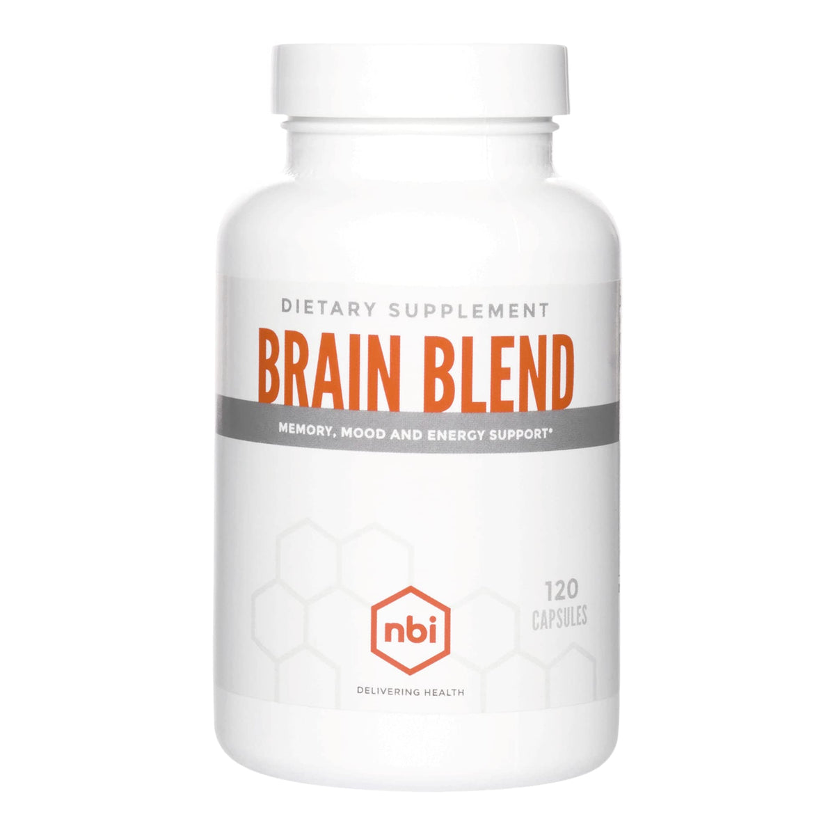 NBI Brain Blend capsule bottle close-up showing a caffeine-free nootropic formula for steady focus
