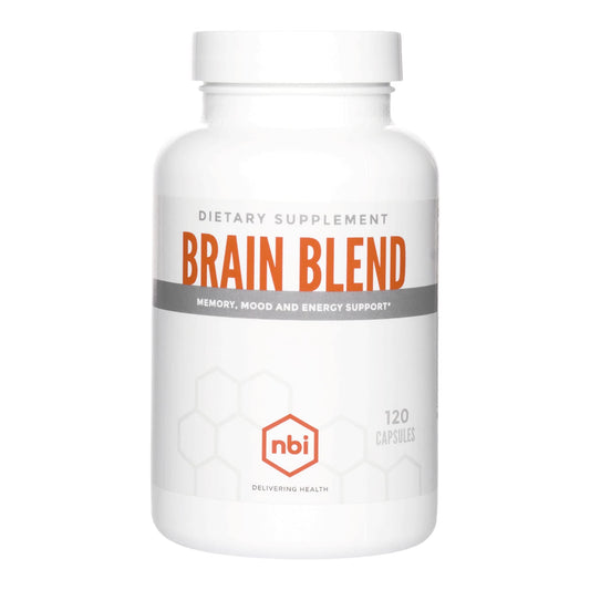 NBI Brain Blend capsule bottle close-up showing a caffeine-free nootropic formula for steady focus