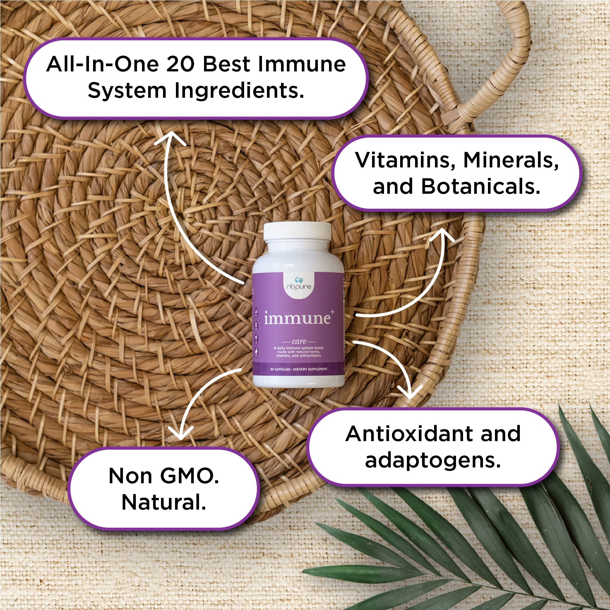 nbpure Immune+ plant-based-formula bottle emphasizes natural, non-GMO ingredients for everyday defense