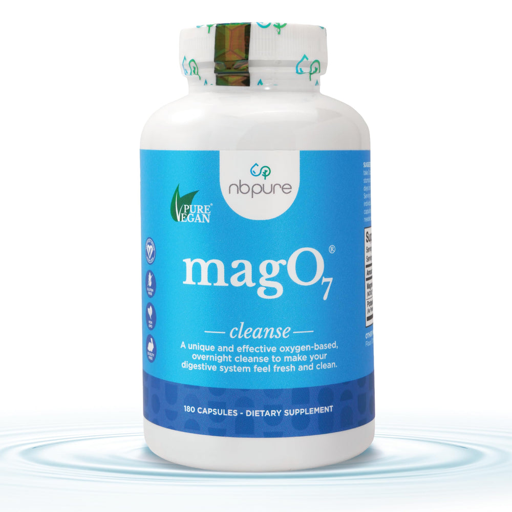 nbpure MagO7 overnight colon cleanse bottle on nightstand showing an easy nightly routine.