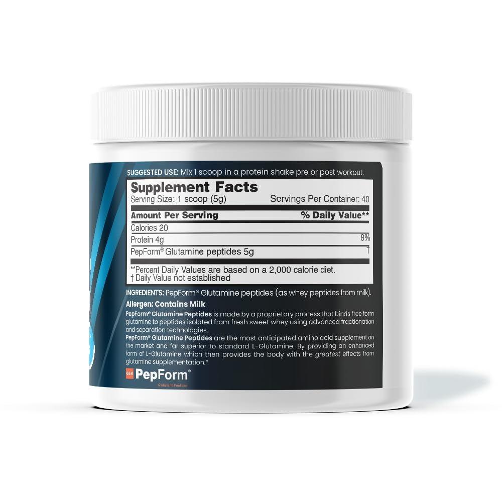 Close-up of nbpure Performance Glutamine+ label highlighting allergen-free, Non-GMO formula.
