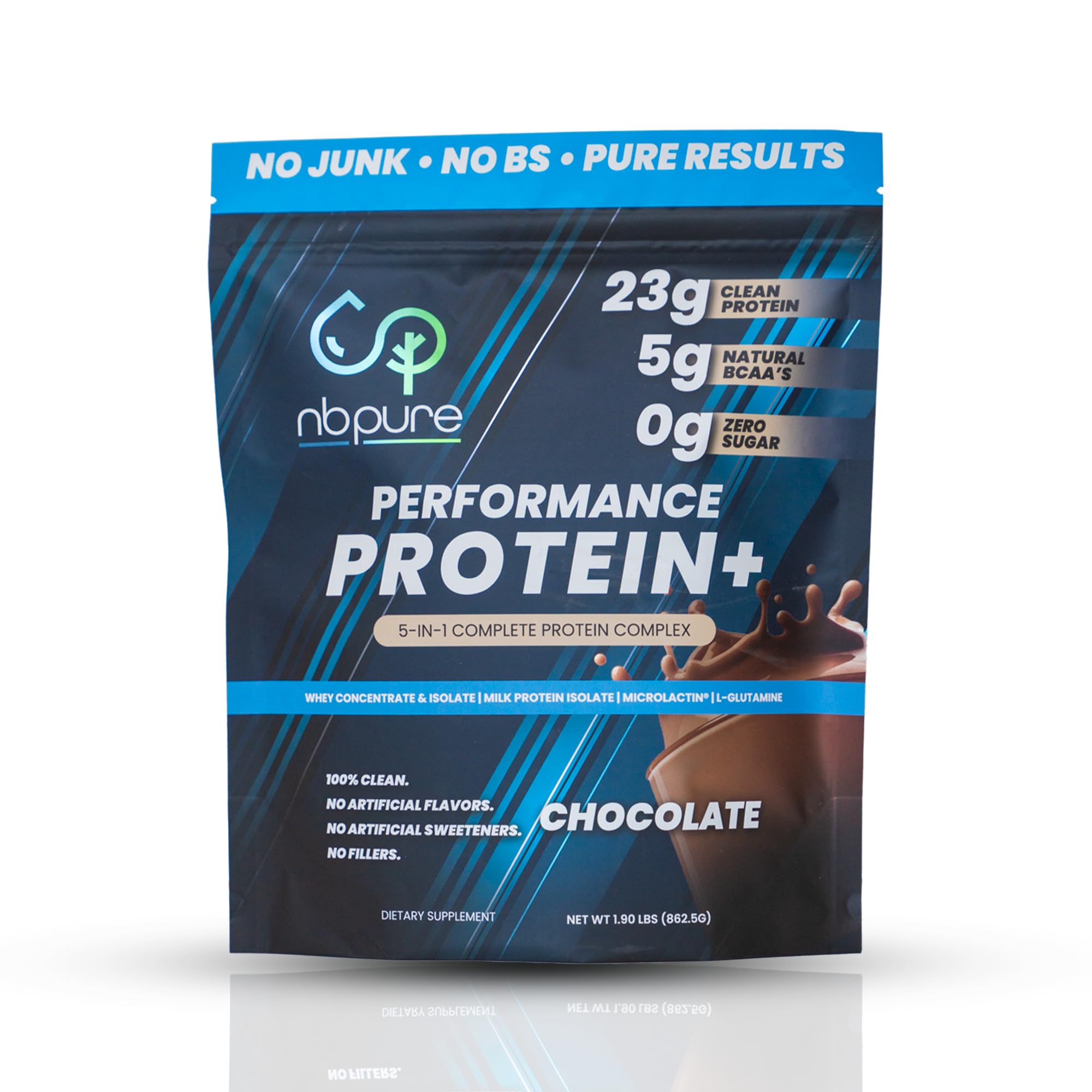 nbpure Performance Protein+ chocolate bottle showcases a time-released protein blend for recovery.