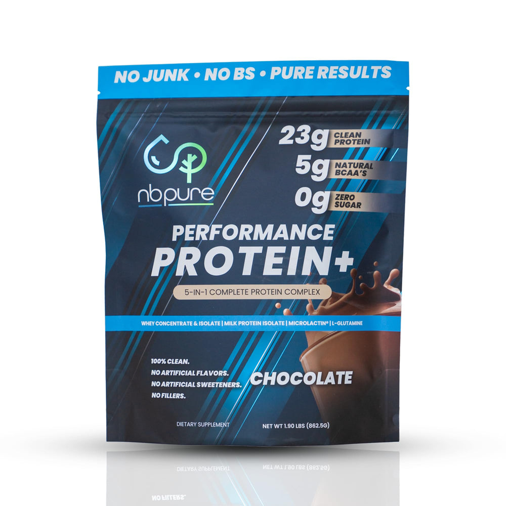 nbpure Performance Protein+ chocolate bottle showcases a time-released protein blend for recovery.