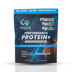 nbpure Performance Protein+ chocolate bottle showcases a time-released protein blend for recovery.