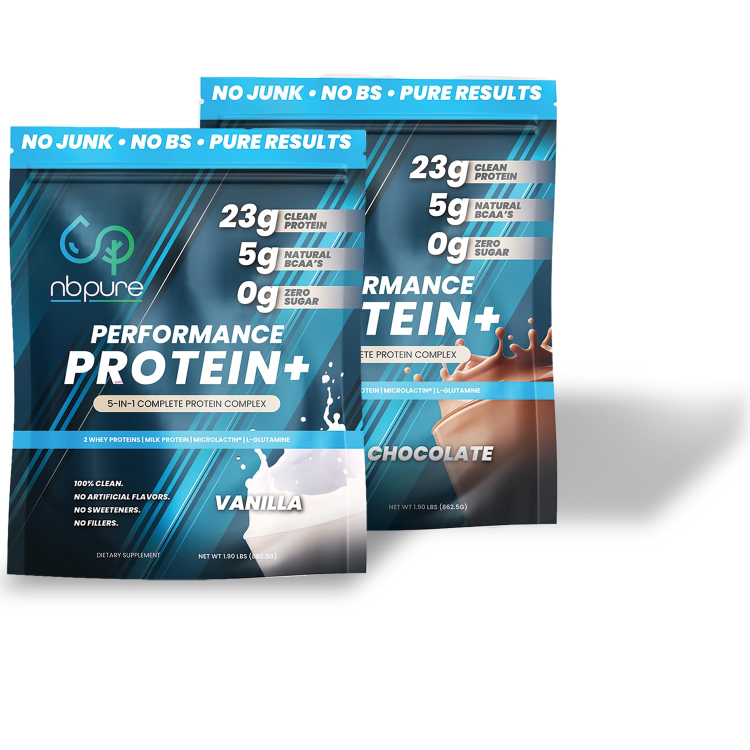 nbpure Performance Protein+ shake glass highlights time-release protein for steady amino acids.