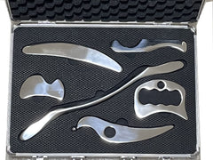 NCCYOOT six-piece gua sha set in polished steel for smooth, controlled massage.