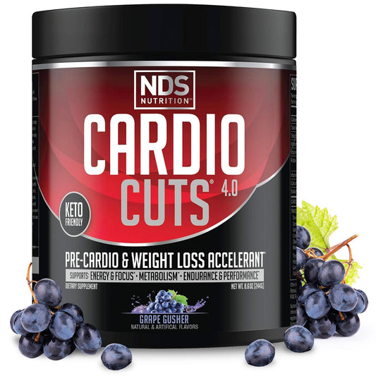 NDS Nutrition Cardio Cuts 4.0 in Grape Gusher tub for pre-workout energy and focus.