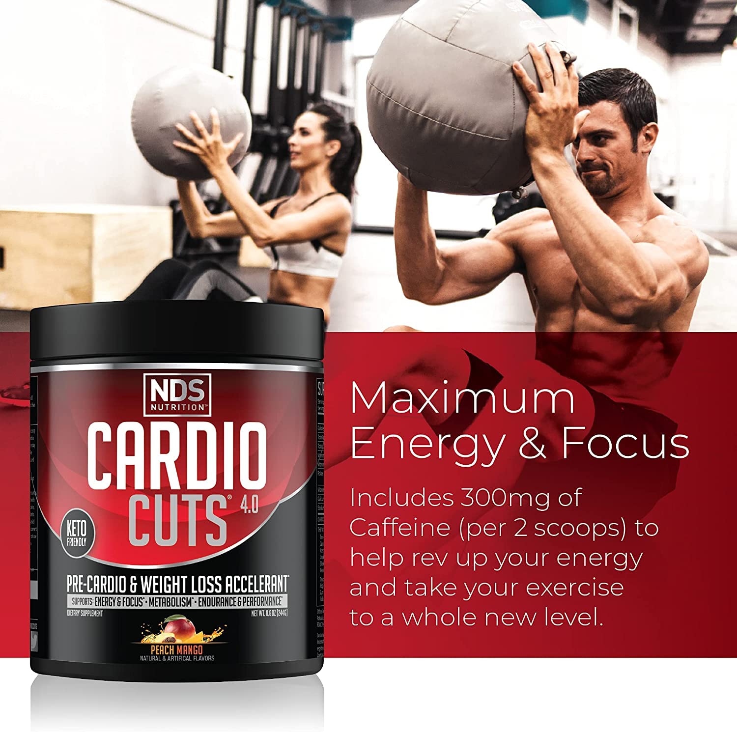 NDS Nutrition Cardio Cuts 4.0 Peach Mango serving scoop ready for workout.