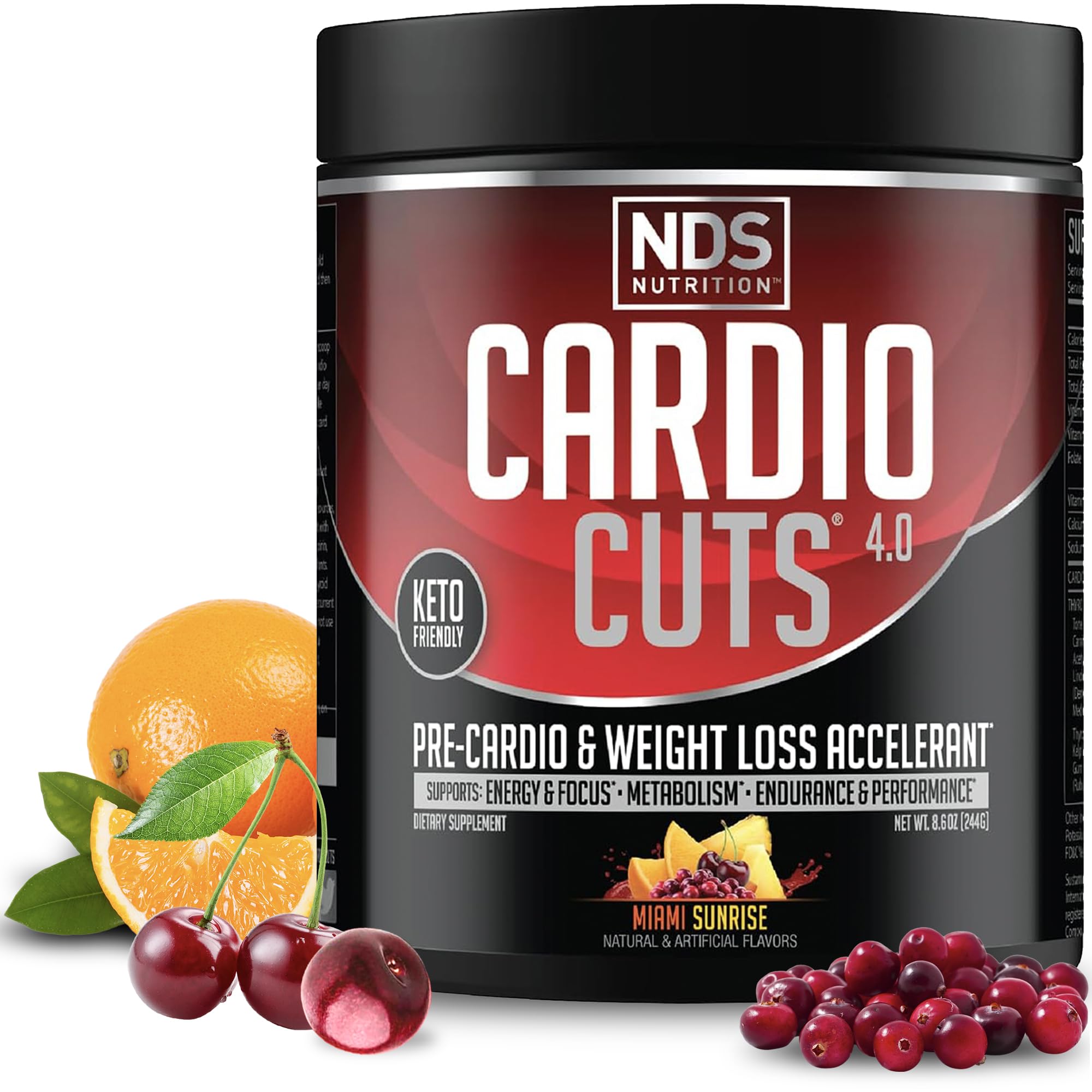 NDS Nutrition Cardio Cuts Miami Sunrise bottle promoting keto-friendly pre-workout energy