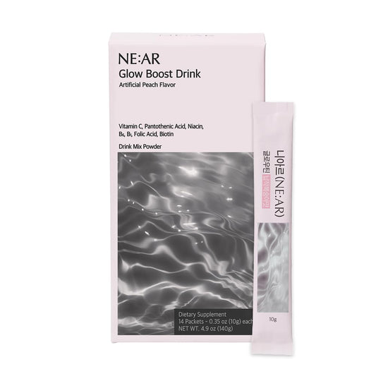 NE:AR Glow Boost Drink bottle closeup showing premium packaging and glow-friendly formula.