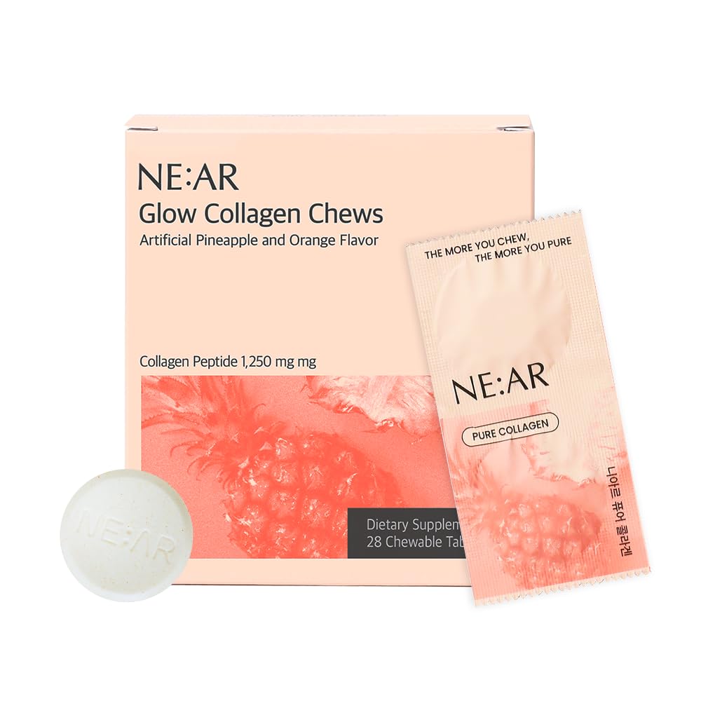 NE:AR Glow Collagen Chews bottle shows a pineapple-flavored daily skin support routine.