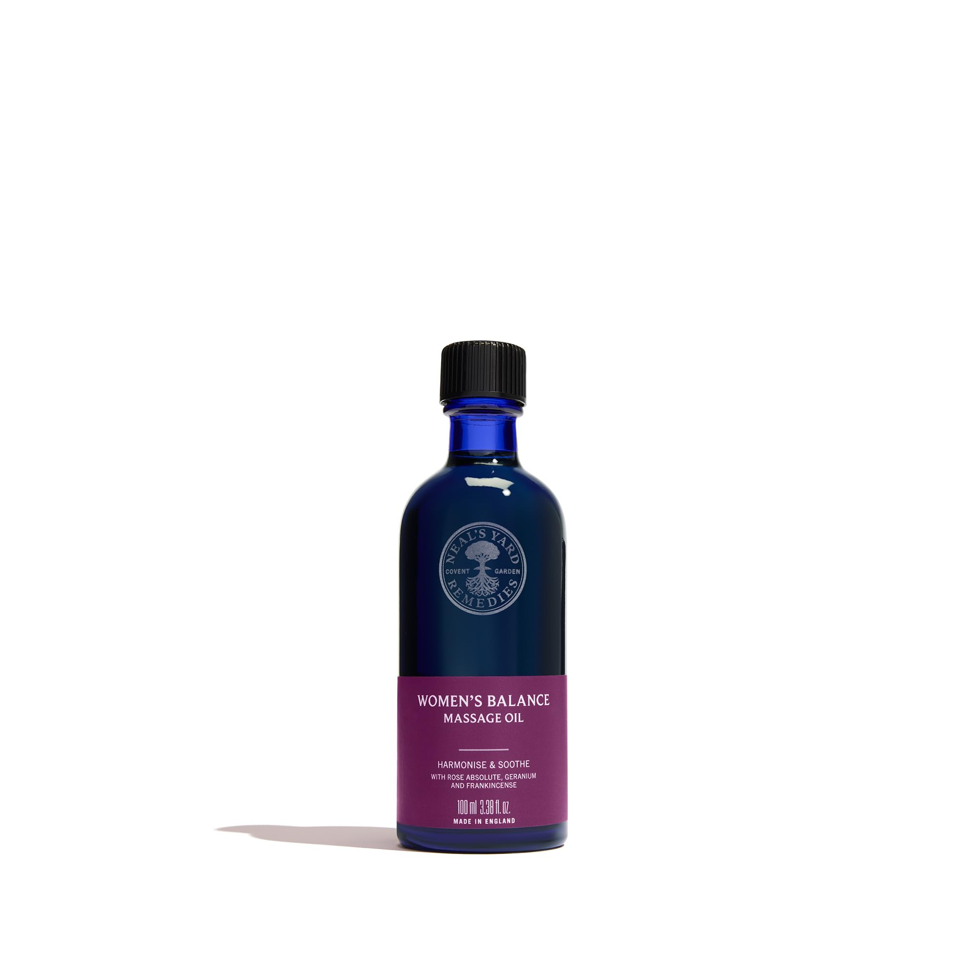 Neal's Yard Remedies Women's Balance Massage Oil bottle promotes skin nourishment during a soothing massage