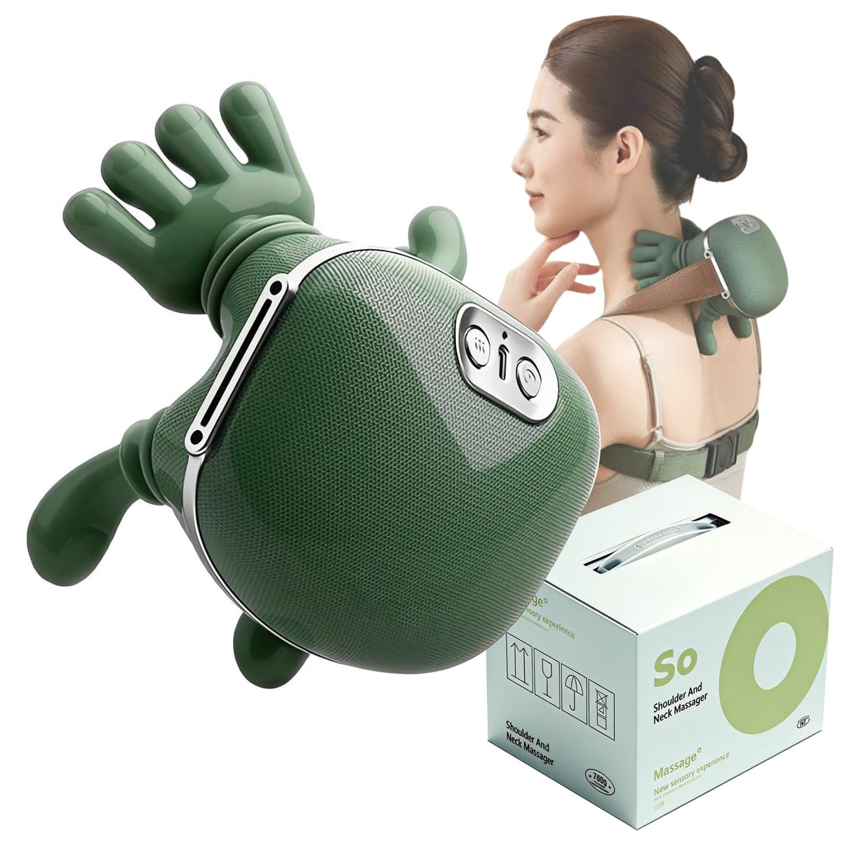 Neck Massager with Heat showing palm-like kneading on neck for tension relief