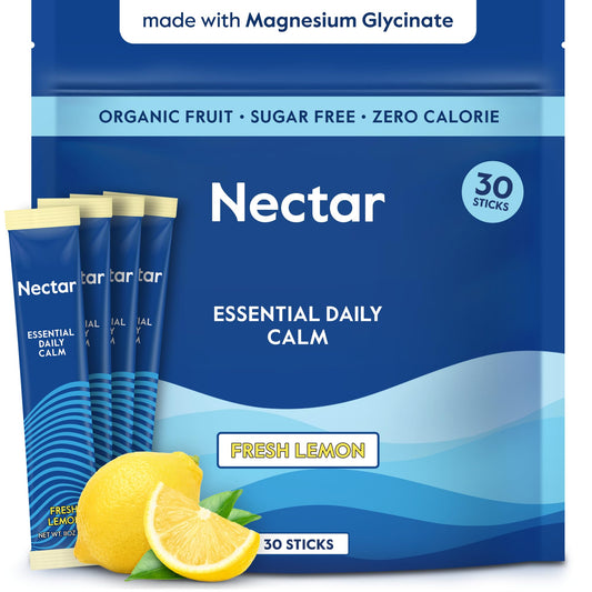 Nectar Calm bottle pour shows a lemon-flavored magnesium drink for a calming evening routine