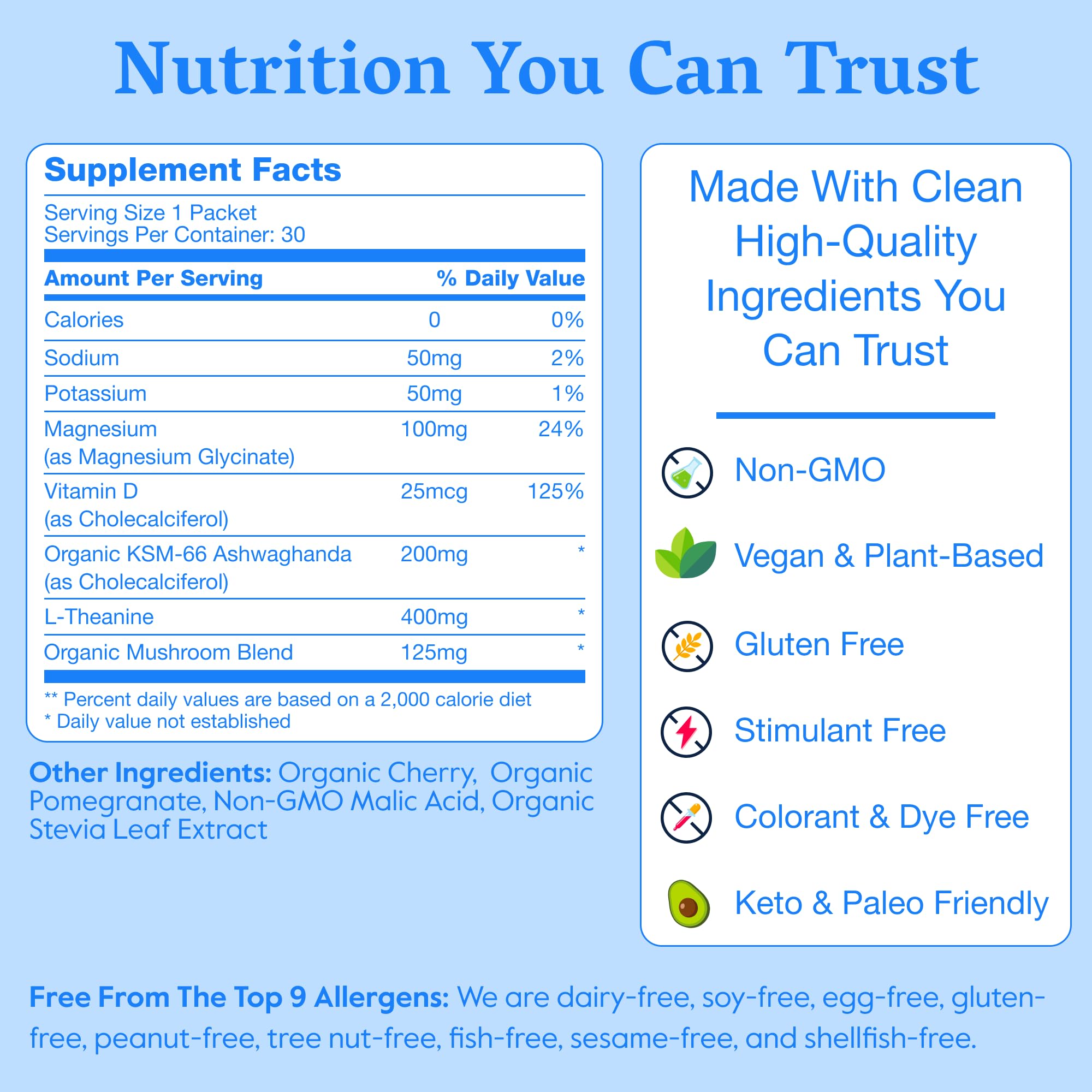 Nectar Calm ingredients panel highlighting magnesium, ashwagandha, and L-Theanine