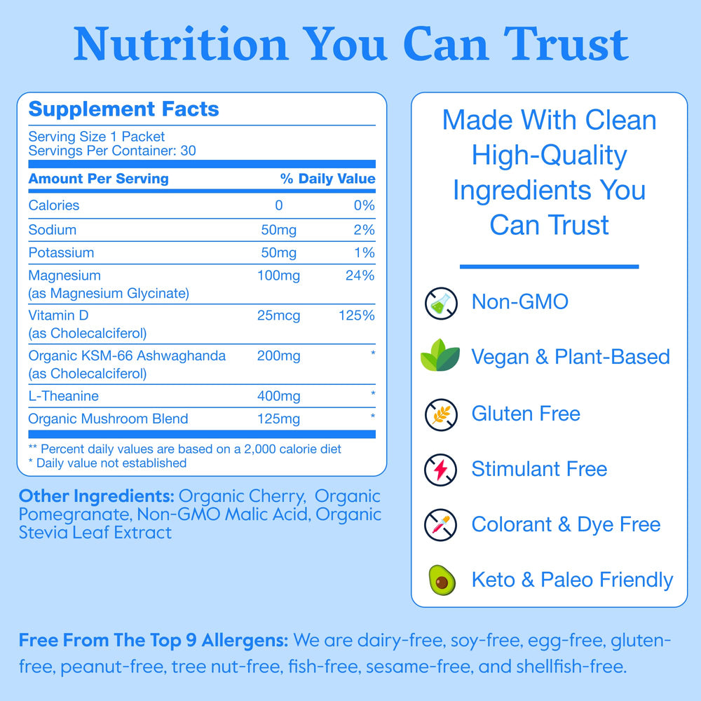 Nectar Calm ingredients panel highlighting magnesium, ashwagandha, and L-Theanine