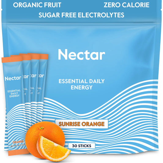 Nectar Energy Booster orange packet ready to mix for a clean energy boost.