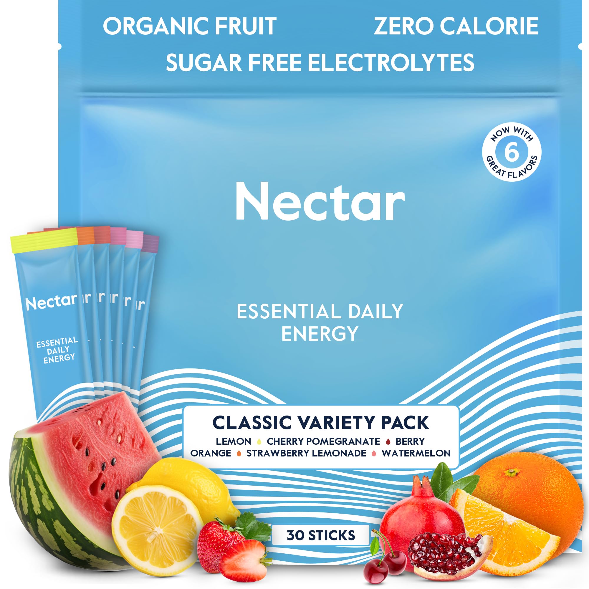 Nectar Energy Booster packet beside water, delivering sugar-free hydration and daytime energy.