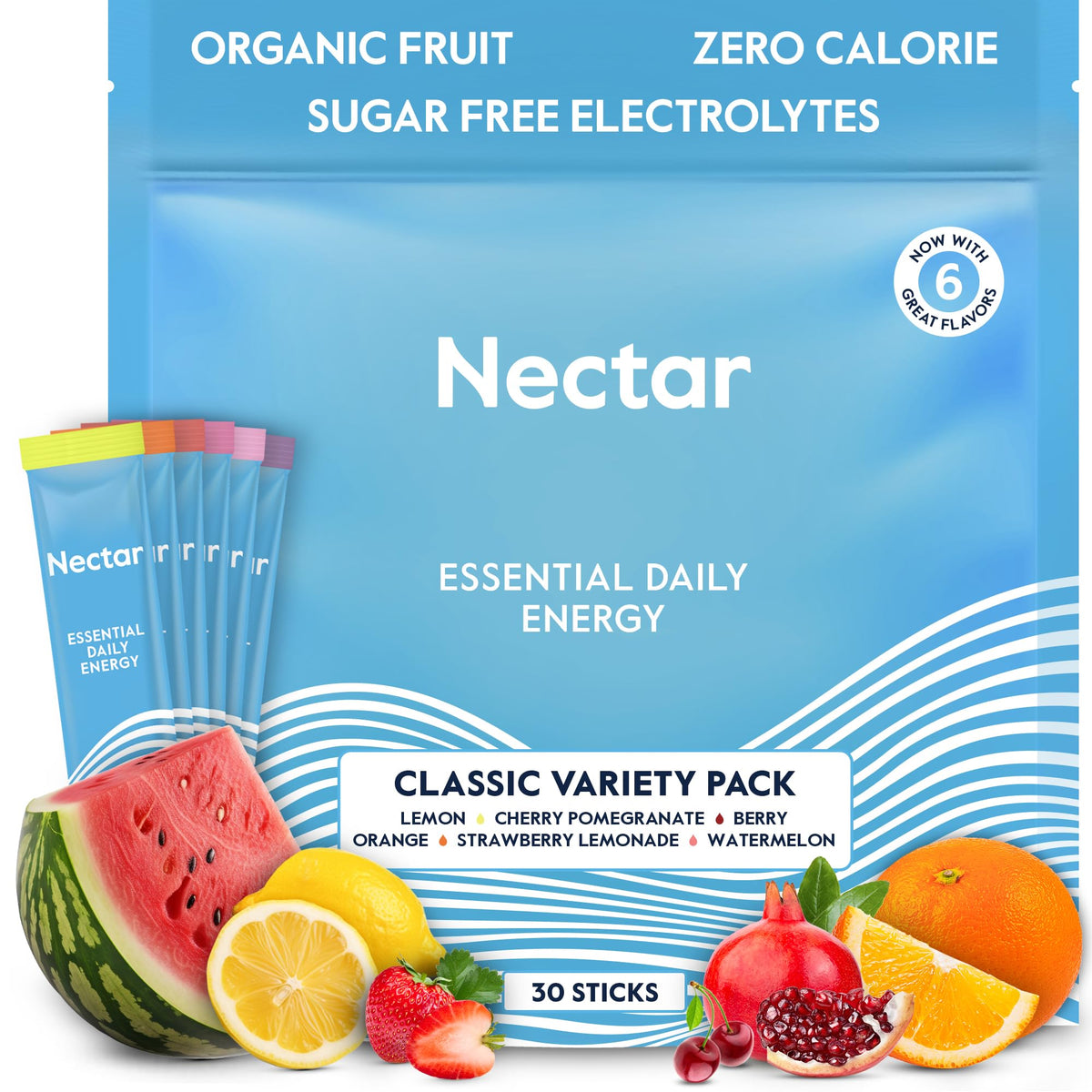 Nectar Energy Booster packet beside water, delivering sugar-free hydration and daytime energy.