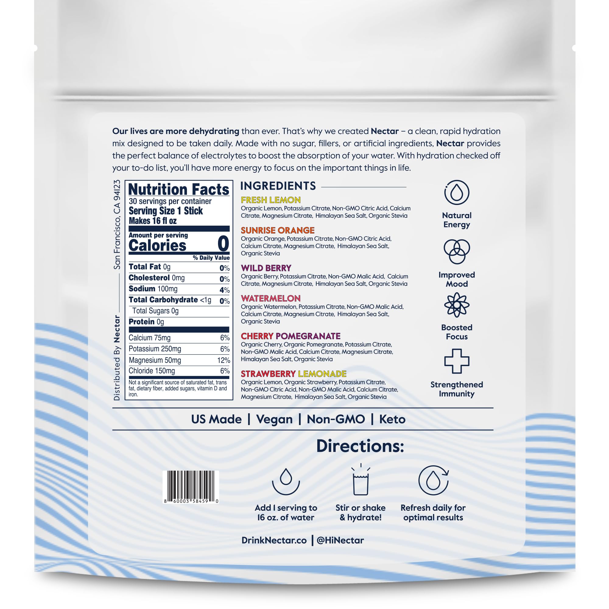 Nectar Hydration Packets Vegan non-GMO label emphasizing plant-based electrolytes