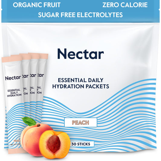 Nectar Hydration Peach packets front view highlighting zero-calorie electrolyte mix.