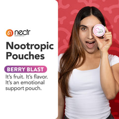 Nectr Berry Blast pouch in mouth for discreet dosing example