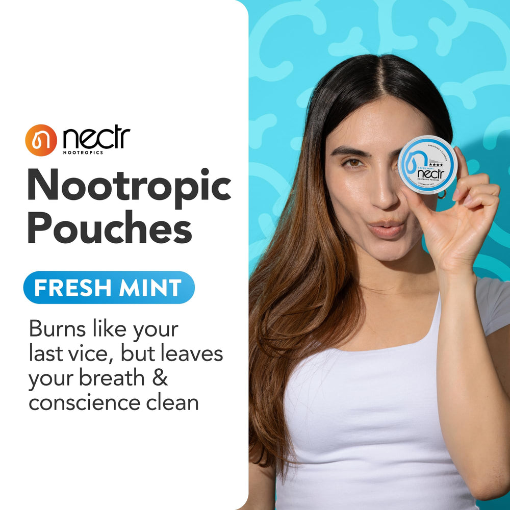 Open Nectr pouch illustrating discreet mint energy use on the go