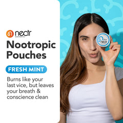 Open Nectr pouch illustrating discreet mint energy use on the go